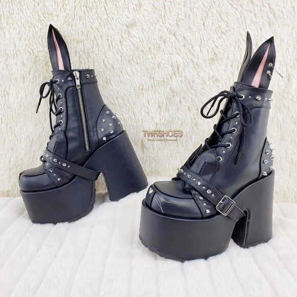 Chunky Platform Goth Punk Kitty Kat Bunny Ankle Boots - Picture 4 of 15